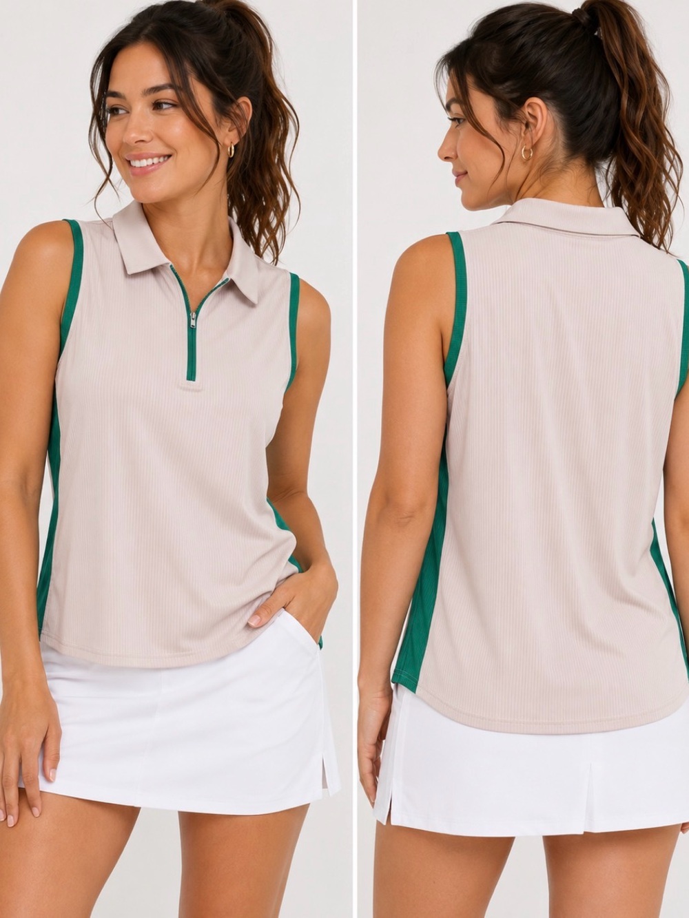 NWT WBQ Sleeveless Ribbed Golf Polo Top Women’s XL Beige Green